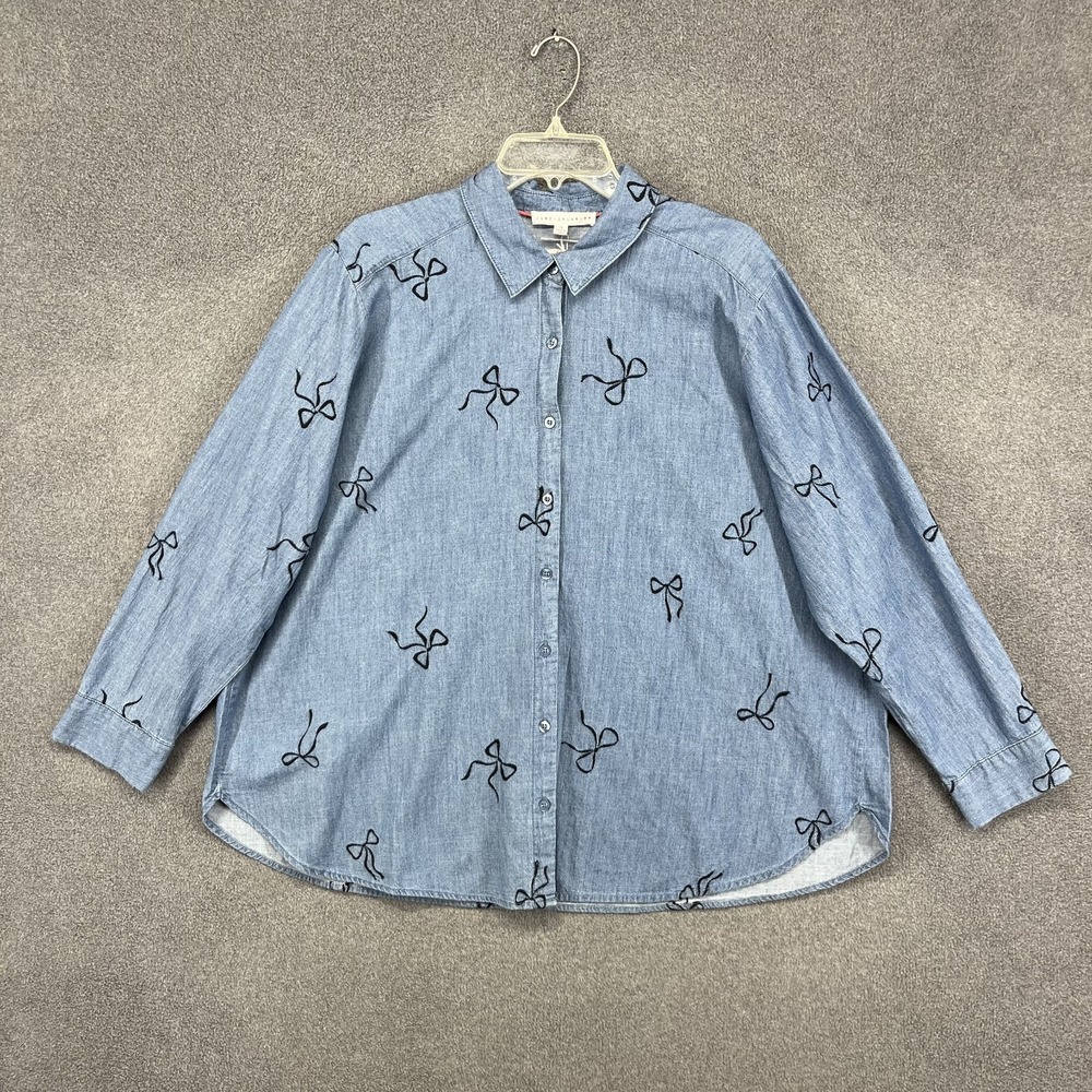Jane And Delancey Shirt Womens 1X Bow Embroidered Chambray Blue Top